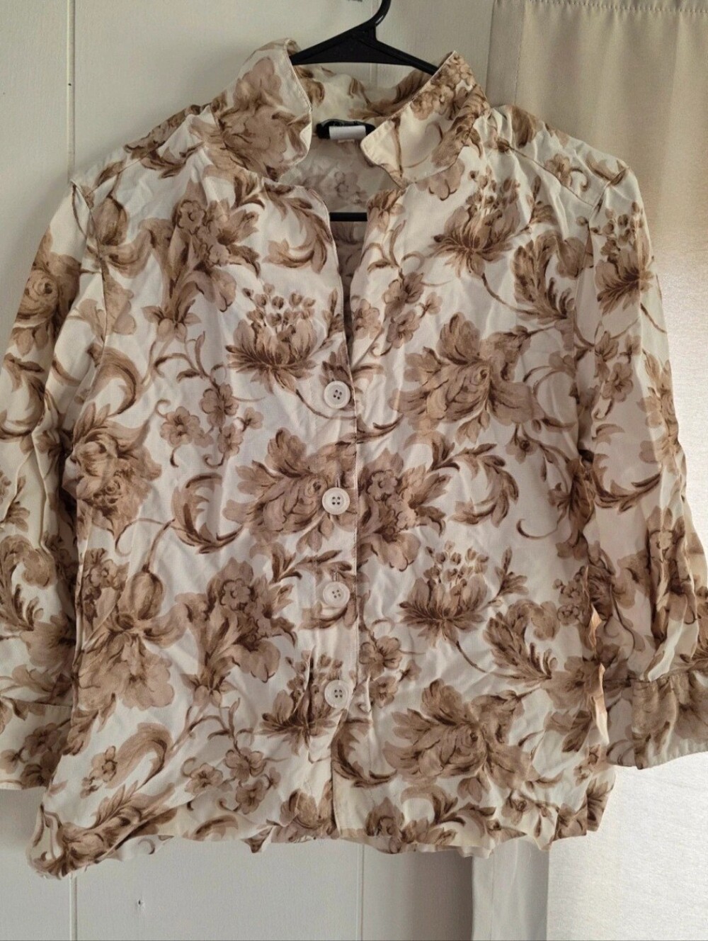 Vintage First Option Cottagecore Floral Blouse Tan White Cream Size S